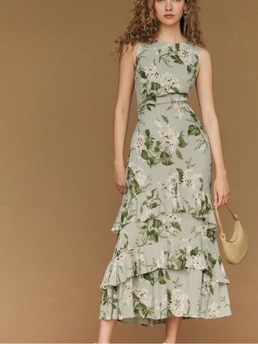 Reformation Sage Green Floral Tiered Maxi Dress